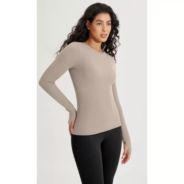 ODODOS Seamless Long Sleeve Tops with Thumb Hole for Women Crew Neck Ribbed Tee Workout Yoga ShirtsTaupe