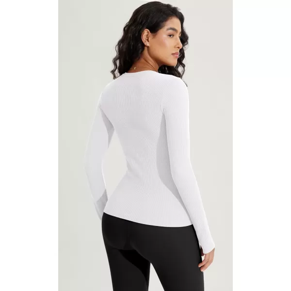 ODODOS Seamless Long Sleeve Tops with Thumb Hole for Women Crew Neck Ribbed Tee Workout Yoga ShirtsWhite