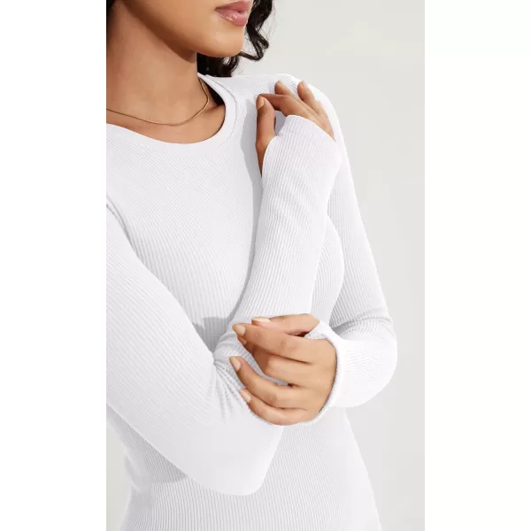 ODODOS Seamless Long Sleeve Tops with Thumb Hole for Women Crew Neck Ribbed Tee Workout Yoga ShirtsWhite