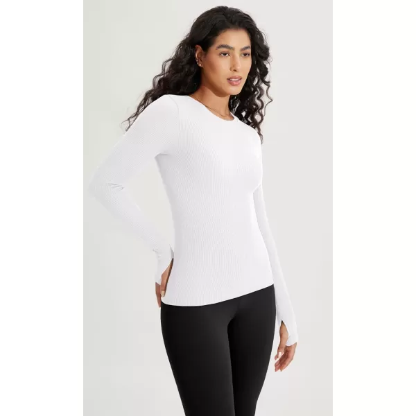 ODODOS Seamless Long Sleeve Tops with Thumb Hole for Women Crew Neck Ribbed Tee Workout Yoga ShirtsWhite