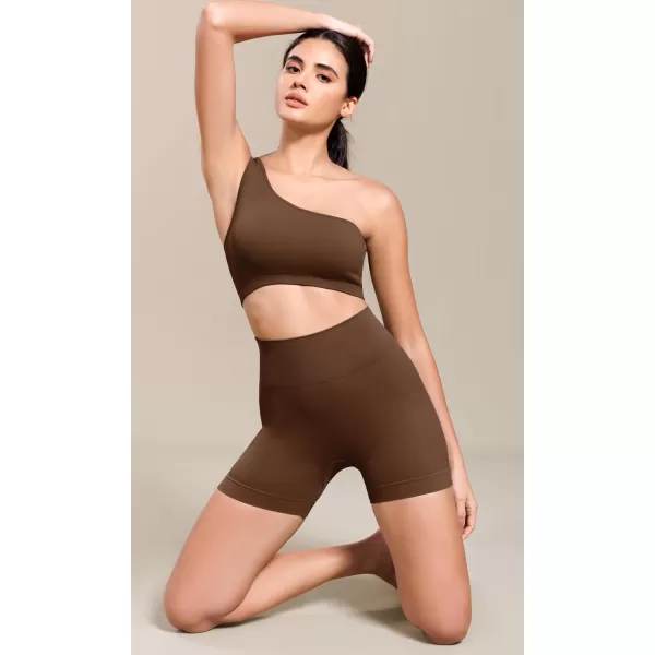 ODODOS Seamless One Shoulder Sports Bra for Women Ribbed Asymmetrical Non Padded Yoga Crop Tank TopsDark Brown