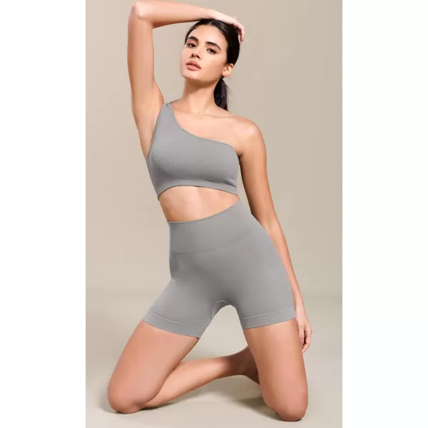 ODODOS Seamless One Shoulder Sports Bra for Women Ribbed Asymmetrical Non Padded Yoga Crop Tank TopsGray