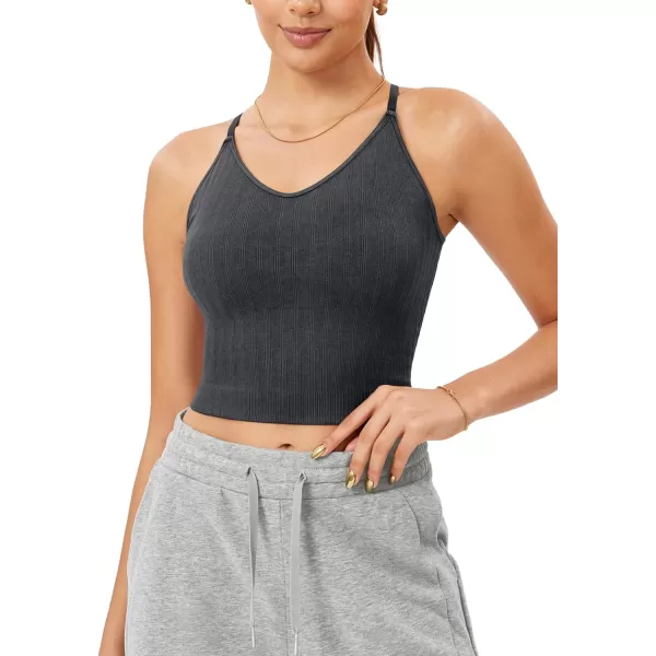 ODODOS Seamless Padded Sports Bra for Women CrissCross Back Longline Wirefree Brami Ribbed Crop Tank TopsBlack
