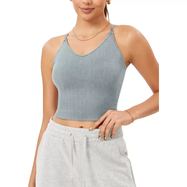ODODOS Seamless Padded Sports Bra for Women CrissCross Back Longline Wirefree Brami Ribbed Crop Tank TopsBlue Grey