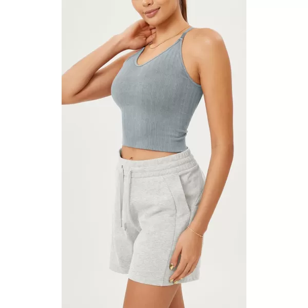 ODODOS Seamless Padded Sports Bra for Women CrissCross Back Longline Wirefree Brami Ribbed Crop Tank TopsBlue Grey