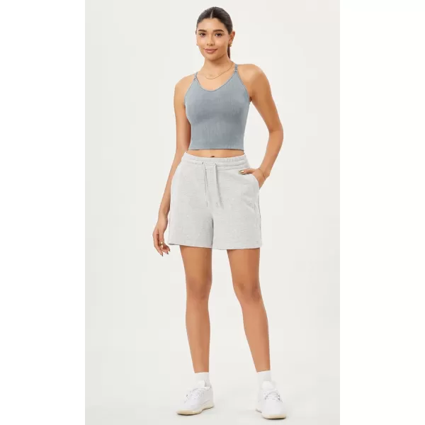 ODODOS Seamless Padded Sports Bra for Women CrissCross Back Longline Wirefree Brami Ribbed Crop Tank TopsBlue Grey