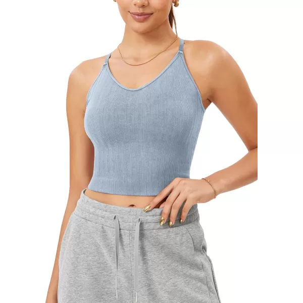 ODODOS Seamless Padded Sports Bra for Women CrissCross Back Longline Wirefree Brami Ribbed Crop Tank TopsCoastline