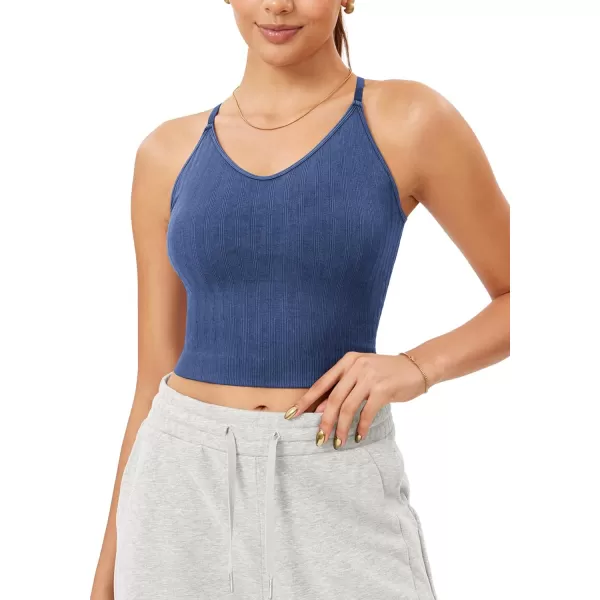 ODODOS Seamless Padded Sports Bra for Women CrissCross Back Longline Wirefree Brami Ribbed Crop Tank TopsCobalt Blue