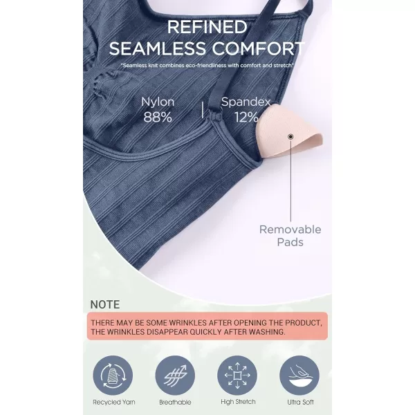 ODODOS Seamless Padded Sports Bra for Women CrissCross Back Longline Wirefree Brami Ribbed Crop Tank TopsDenim Blue
