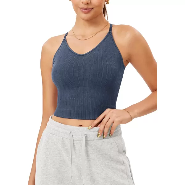 ODODOS Seamless Padded Sports Bra for Women CrissCross Back Longline Wirefree Brami Ribbed Crop Tank TopsDenim Blue