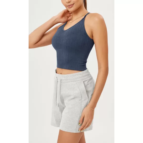ODODOS Seamless Padded Sports Bra for Women CrissCross Back Longline Wirefree Brami Ribbed Crop Tank TopsDenim Blue