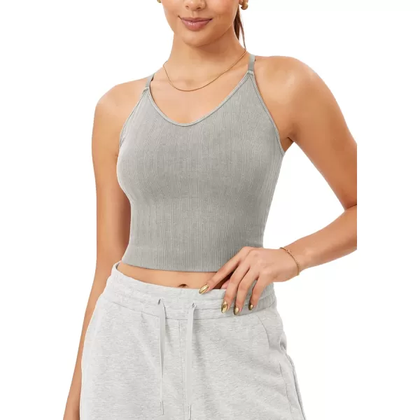 ODODOS Seamless Padded Sports Bra for Women CrissCross Back Longline Wirefree Brami Ribbed Crop Tank TopsGrey