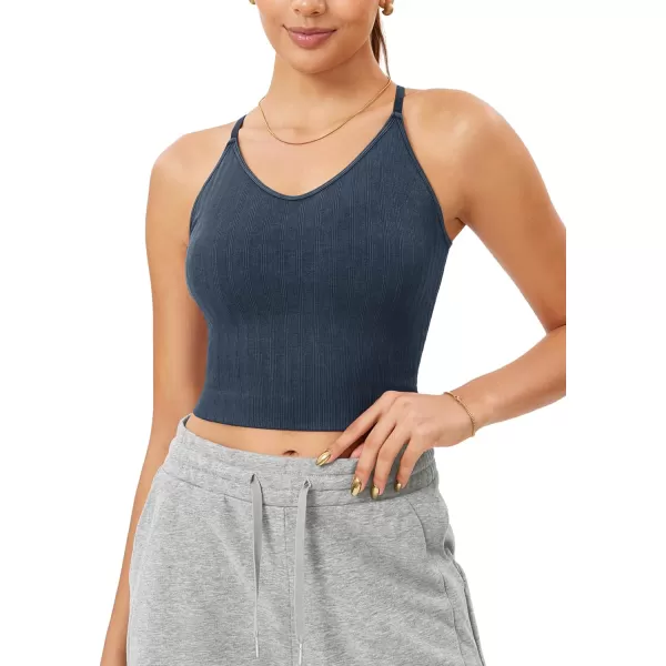 ODODOS Seamless Padded Sports Bra for Women CrissCross Back Longline Wirefree Brami Ribbed Crop Tank TopsNavy