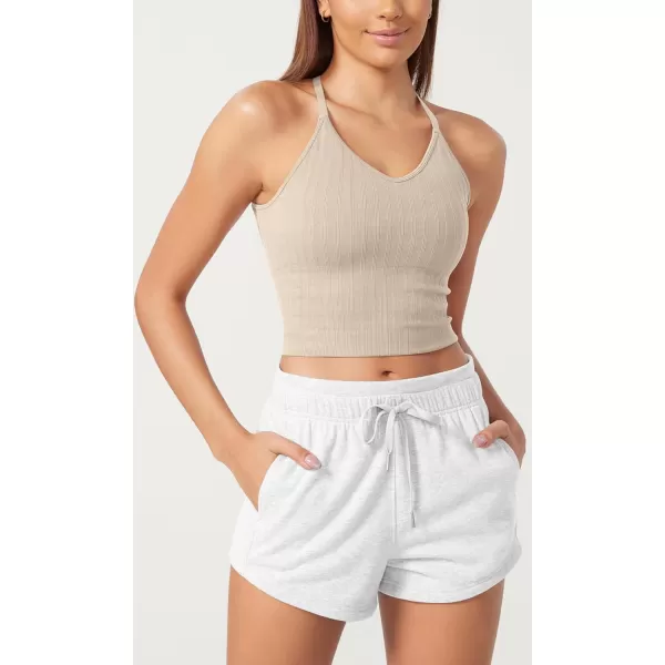 ODODOS Seamless Padded Sports Bra for Women CrissCross Back Longline Wirefree Brami Ribbed Crop Tank TopsOyster White