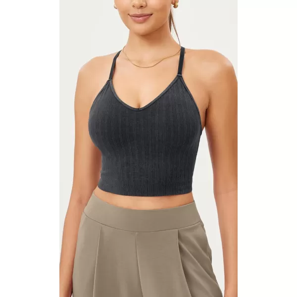 ODODOS Seamless Padded Sports Bra for Women Strappy Longline Wirefree Brami Ribbed Crop Tank TopsBlack