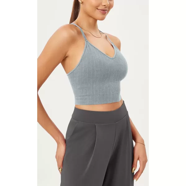 ODODOS Seamless Padded Sports Bra for Women Strappy Longline Wirefree Brami Ribbed Crop Tank TopsBlue Grey