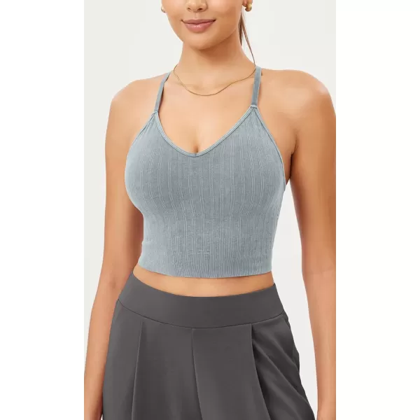 ODODOS Seamless Padded Sports Bra for Women Strappy Longline Wirefree Brami Ribbed Crop Tank TopsBlue Grey