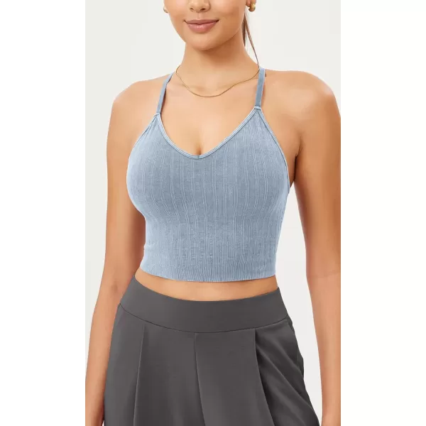 ODODOS Seamless Padded Sports Bra for Women Strappy Longline Wirefree Brami Ribbed Crop Tank TopsCoastline