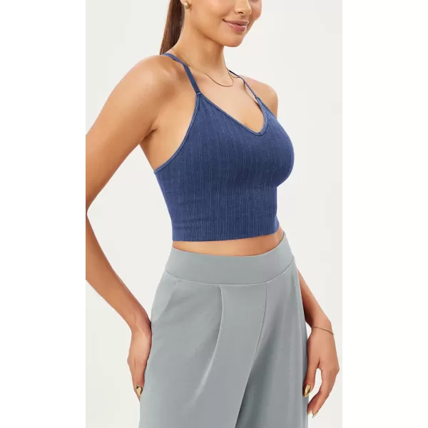 ODODOS Seamless Padded Sports Bra for Women Strappy Longline Wirefree Brami Ribbed Crop Tank TopsCobalt Blue