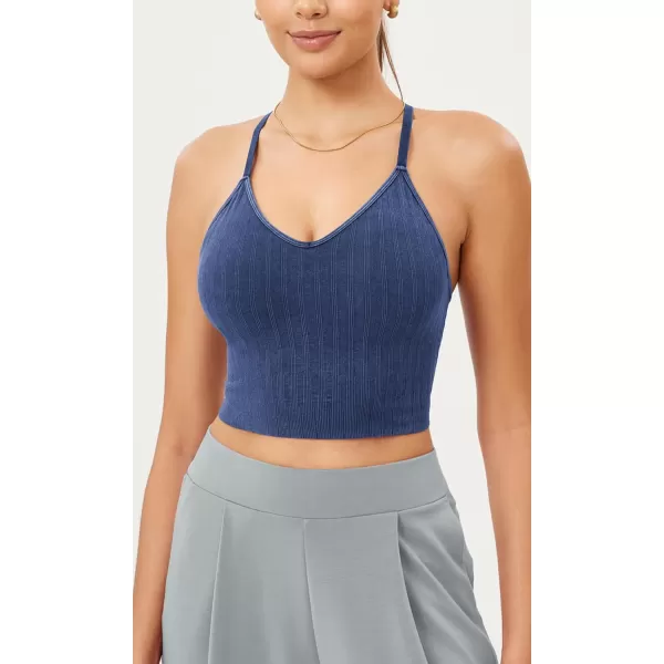 ODODOS Seamless Padded Sports Bra for Women Strappy Longline Wirefree Brami Ribbed Crop Tank TopsCobalt Blue