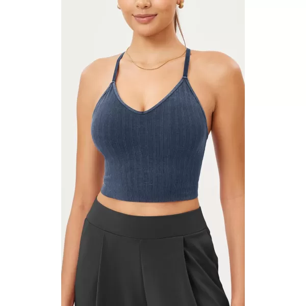 ODODOS Seamless Padded Sports Bra for Women Strappy Longline Wirefree Brami Ribbed Crop Tank TopsDenim Blue