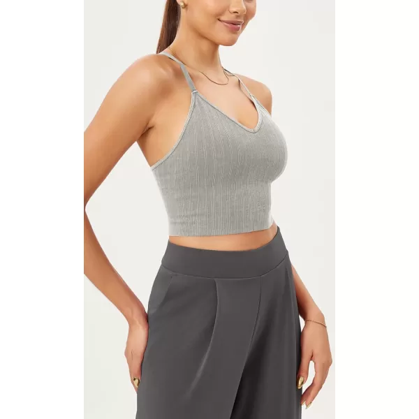 ODODOS Seamless Padded Sports Bra for Women Strappy Longline Wirefree Brami Ribbed Crop Tank TopsGrey