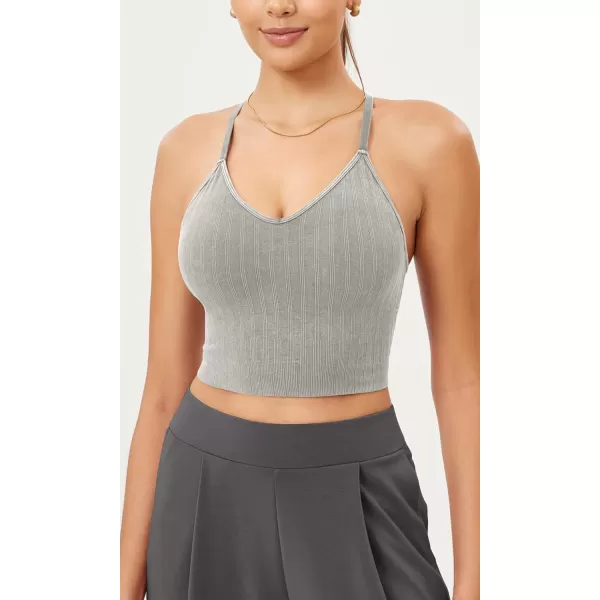 ODODOS Seamless Padded Sports Bra for Women Strappy Longline Wirefree Brami Ribbed Crop Tank TopsGrey