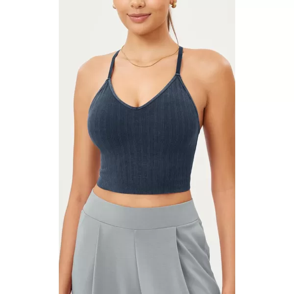 ODODOS Seamless Padded Sports Bra for Women Strappy Longline Wirefree Brami Ribbed Crop Tank TopsNavy