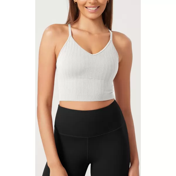 ODODOS Seamless Padded Sports Bra for Women Strappy Longline Wirefree Brami Ribbed Crop Tank TopsWhite