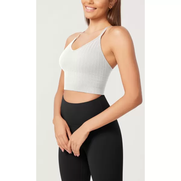 ODODOS Seamless Padded Sports Bra for Women Strappy Longline Wirefree Brami Ribbed Crop Tank TopsWhite