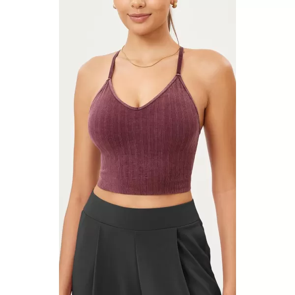 ODODOS Seamless Padded Sports Bra for Women Strappy Longline Wirefree Brami Ribbed Crop Tank TopsWine