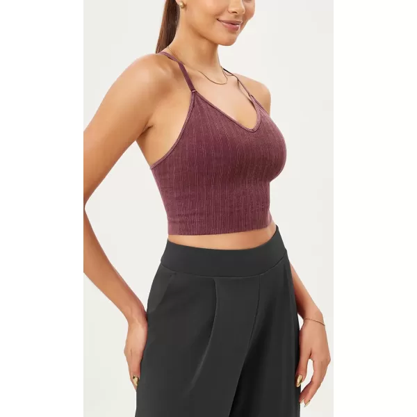 ODODOS Seamless Padded Sports Bra for Women Strappy Longline Wirefree Brami Ribbed Crop Tank TopsWine