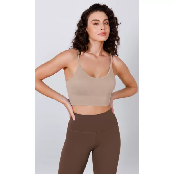 ODODOS Seamless Sports Bra for Women Ribbed Camisoles Non Padding Yoga Bra Crop Tank TopsBeige