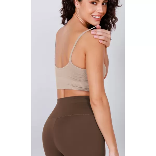 ODODOS Seamless Sports Bra for Women Ribbed Camisoles Non Padding Yoga Bra Crop Tank TopsBeige