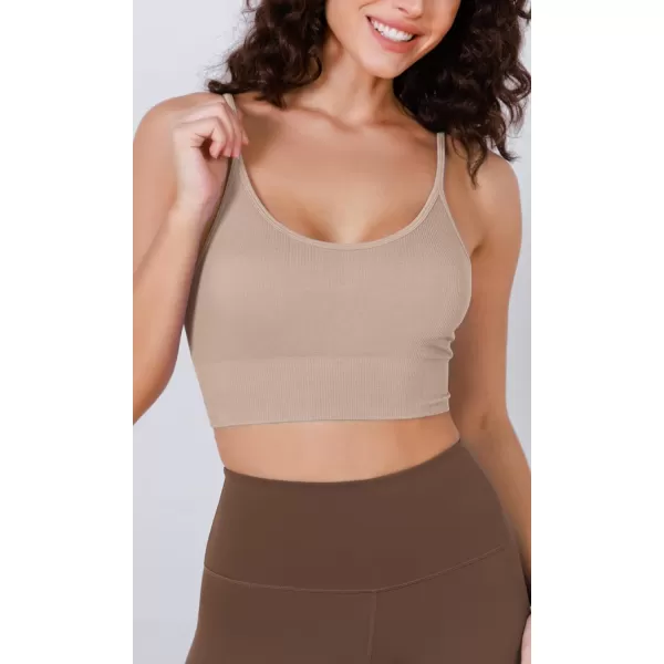 ODODOS Seamless Sports Bra for Women Ribbed Camisoles Non Padding Yoga Bra Crop Tank TopsBeige