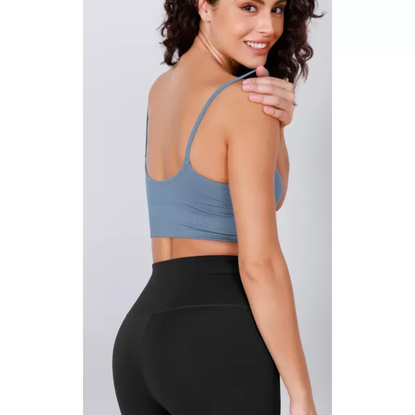 ODODOS Seamless Sports Bra for Women Ribbed Camisoles Non Padding Yoga Bra Crop Tank TopsDusty Blue