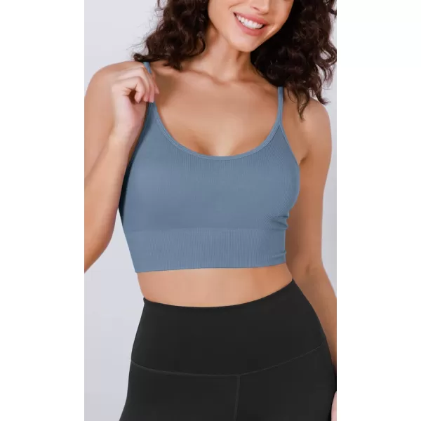 ODODOS Seamless Sports Bra for Women Ribbed Camisoles Non Padding Yoga Bra Crop Tank TopsDusty Blue