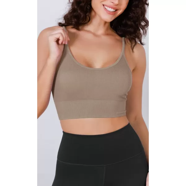 ODODOS Seamless Sports Bra for Women Ribbed Camisoles Non Padding Yoga Bra Crop Tank TopsTaupe