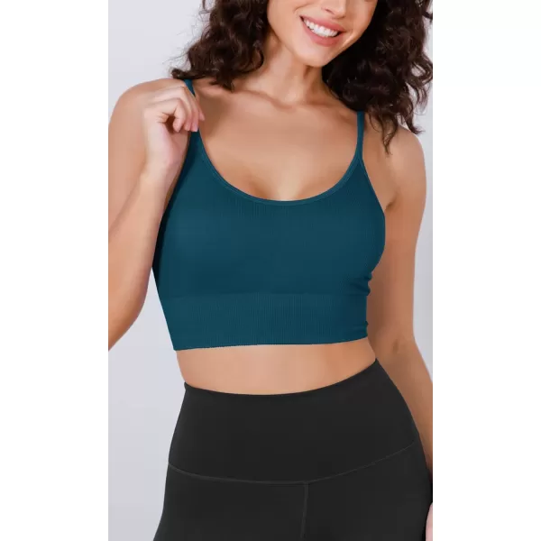 ODODOS Seamless Sports Bra for Women Ribbed Camisoles Non Padding Yoga Bra Crop Tank TopsTeal