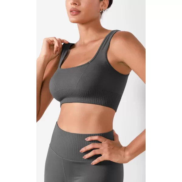 ODODOS Seamless Square Neck Sports Bra for Women Ribbed Crop Tank Casual Low Back Cropped TopsCharcoal