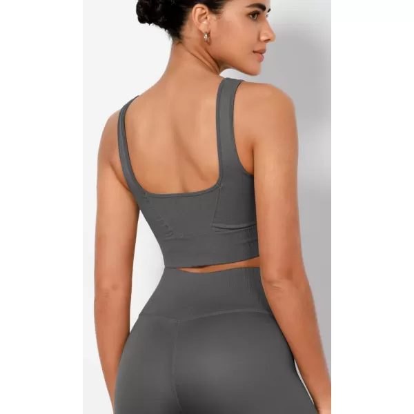 ODODOS Seamless Square Neck Sports Bra for Women Ribbed Crop Tank Casual Low Back Cropped TopsCharcoal