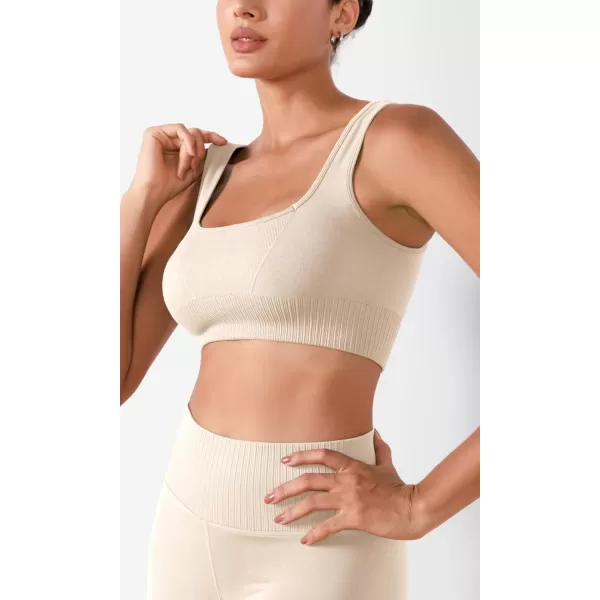 ODODOS Seamless Square Neck Sports Bra for Women Ribbed Crop Tank Casual Low Back Cropped TopsIvory