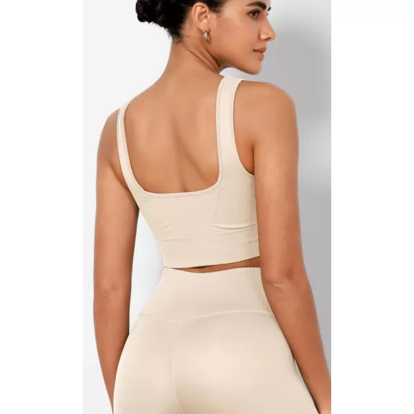 ODODOS Seamless Square Neck Sports Bra for Women Ribbed Crop Tank Casual Low Back Cropped TopsIvory