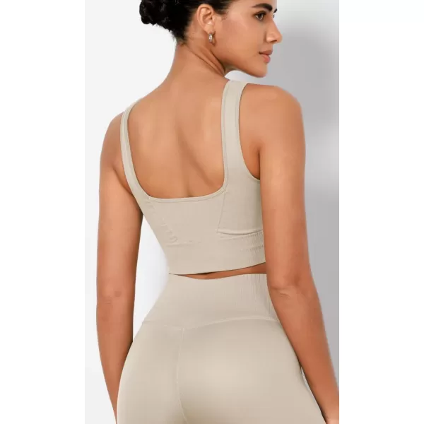 ODODOS Seamless Square Neck Sports Bra for Women Ribbed Crop Tank Casual Low Back Cropped TopsMushroom