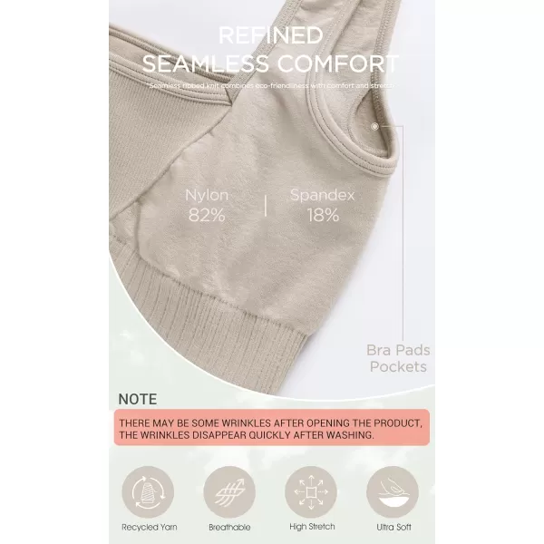 ODODOS Seamless Square Neck Sports Bra for Women Ribbed Crop Tank Casual Low Back Cropped TopsMushroom