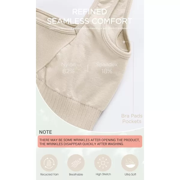 ODODOS Seamless Square Neck Sports Bra for Women Ribbed Crop Tank Casual Low Back Cropped TopsOat Milk