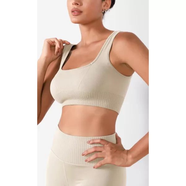 ODODOS Seamless Square Neck Sports Bra for Women Ribbed Crop Tank Casual Low Back Cropped TopsOat Milk