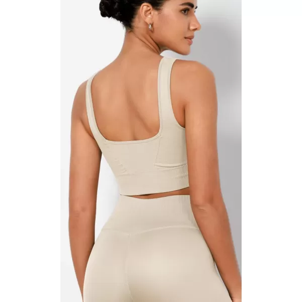 ODODOS Seamless Square Neck Sports Bra for Women Ribbed Crop Tank Casual Low Back Cropped TopsOat Milk