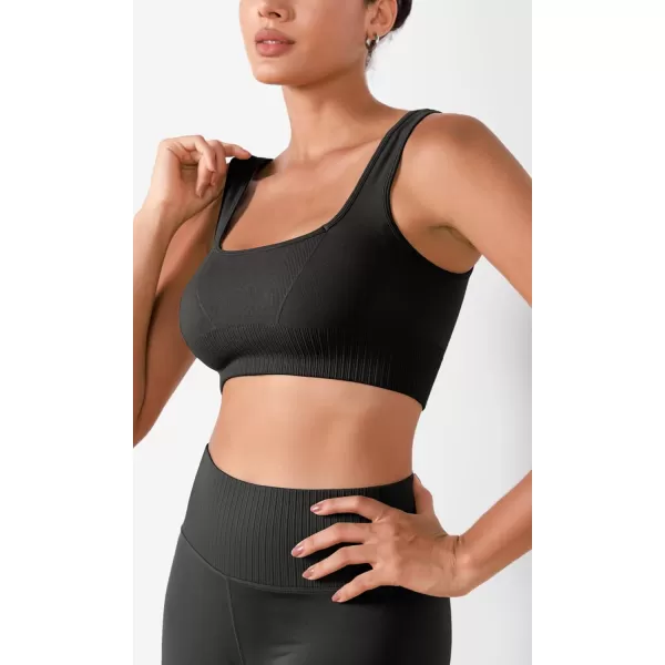 ODODOS Seamless Square Neck Sports Bra for Women Ribbed Crop Tank Casual Low Back Cropped TopsOnyx Black
