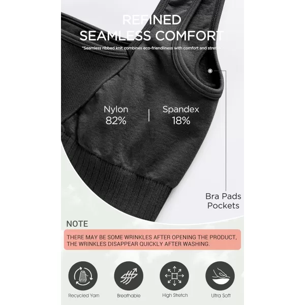 ODODOS Seamless Square Neck Sports Bra for Women Ribbed Crop Tank Casual Low Back Cropped TopsOnyx Black
